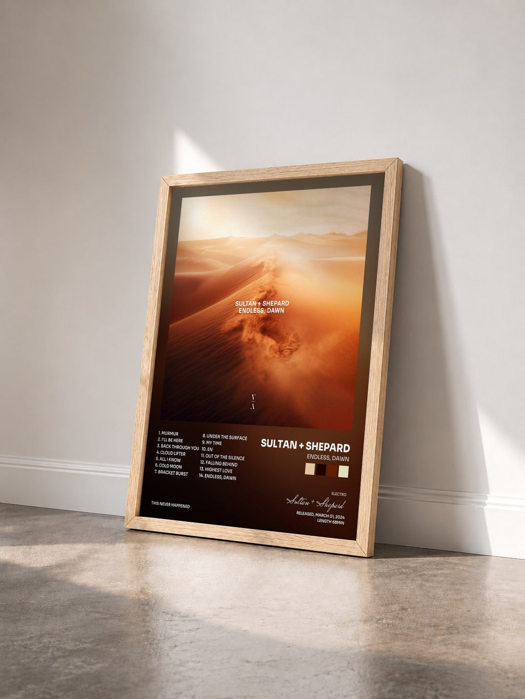 #bois Tableau de l'album Endless, Dawn de Sultan + Shepard vu de trois quarts, cadre en bois brut