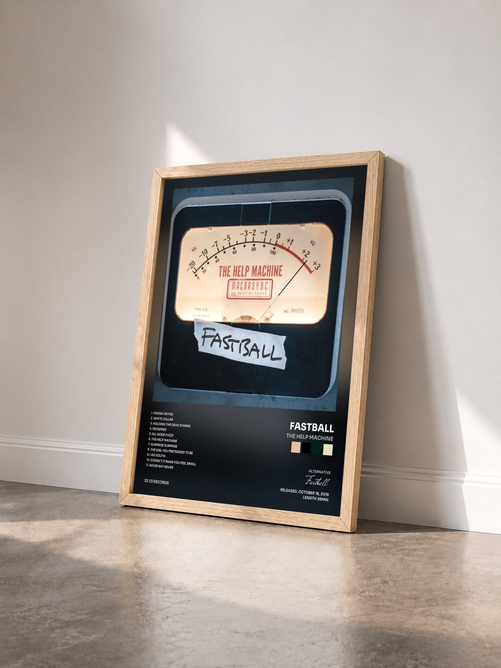 #bois Tableau de l'album The Help Machine de Fastball vu de trois quarts, cadre en bois brut