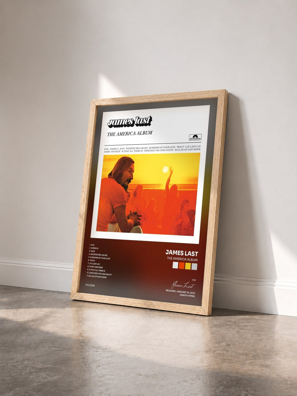 #bois Tableau de l'album The America Album de James Last vu de trois quarts, cadre en bois brut