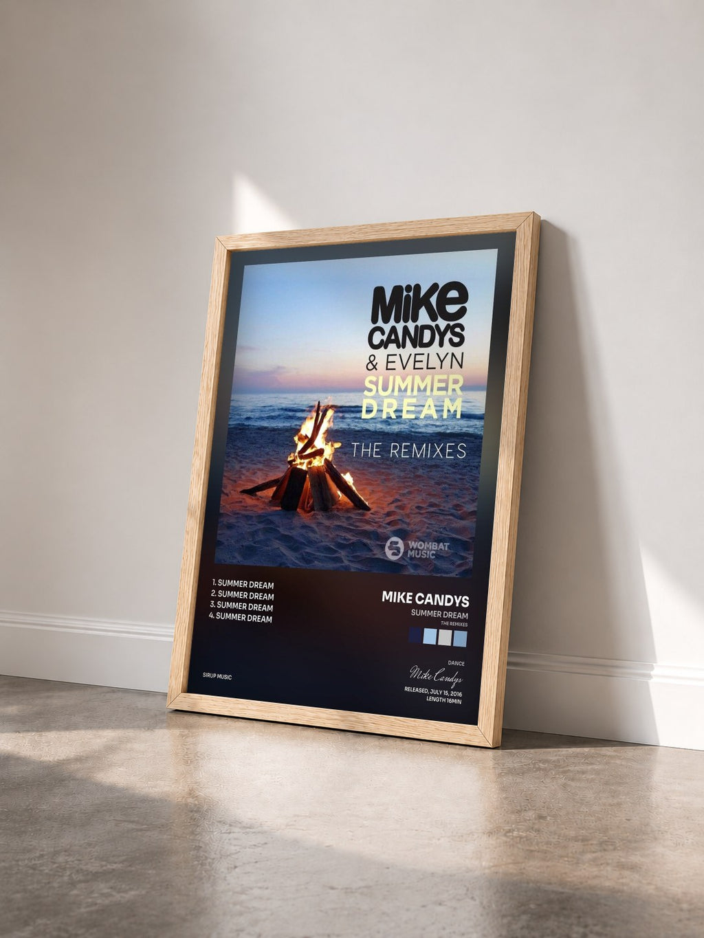 #bois Tableau de l'album Summer Dream (The Remixes) de Mike Candys vu de trois quarts, cadre en bois brut