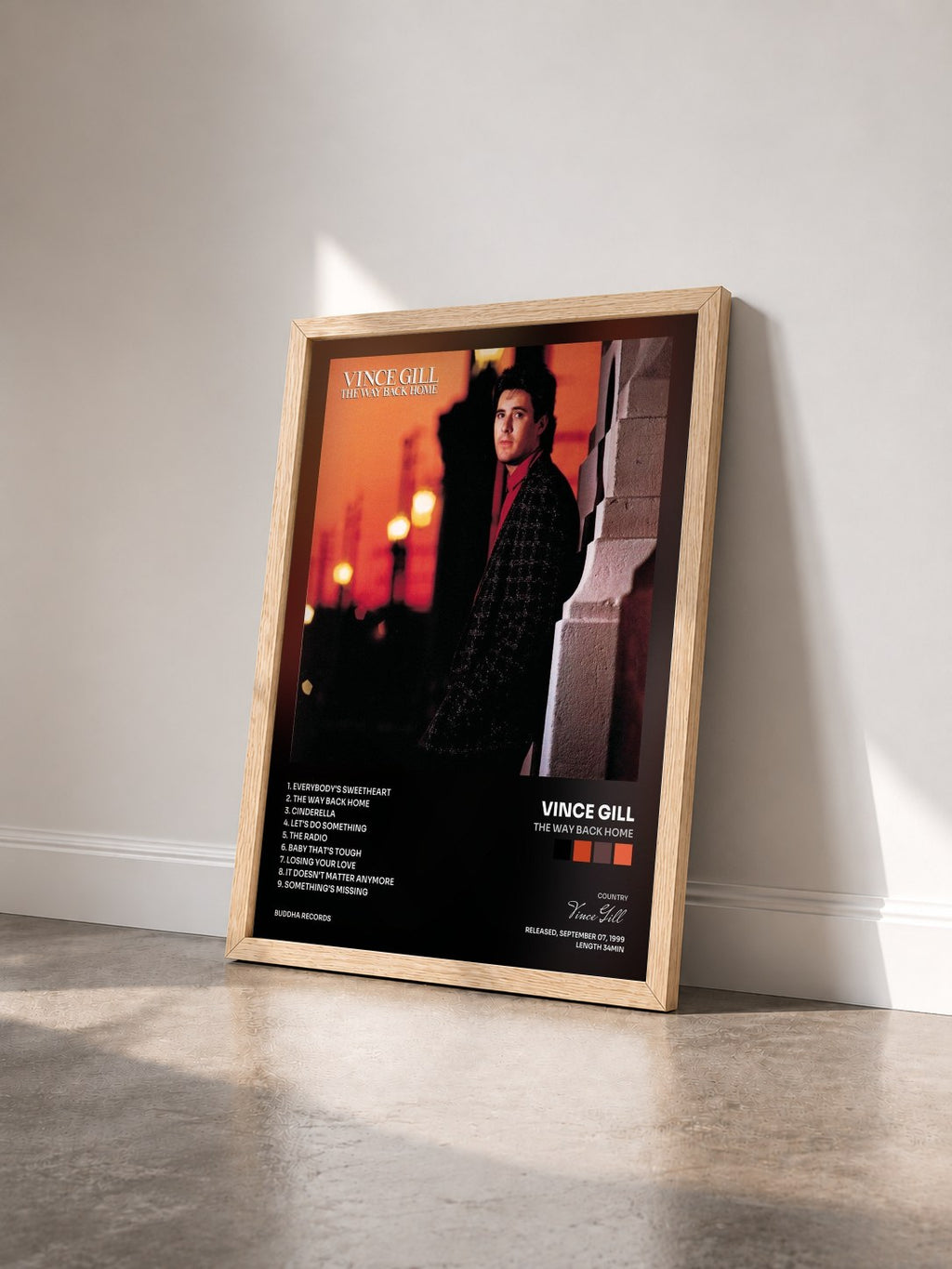 #bois Tableau de l'album The Way Back Home de Vince Gill vu de trois quarts, cadre en bois brut