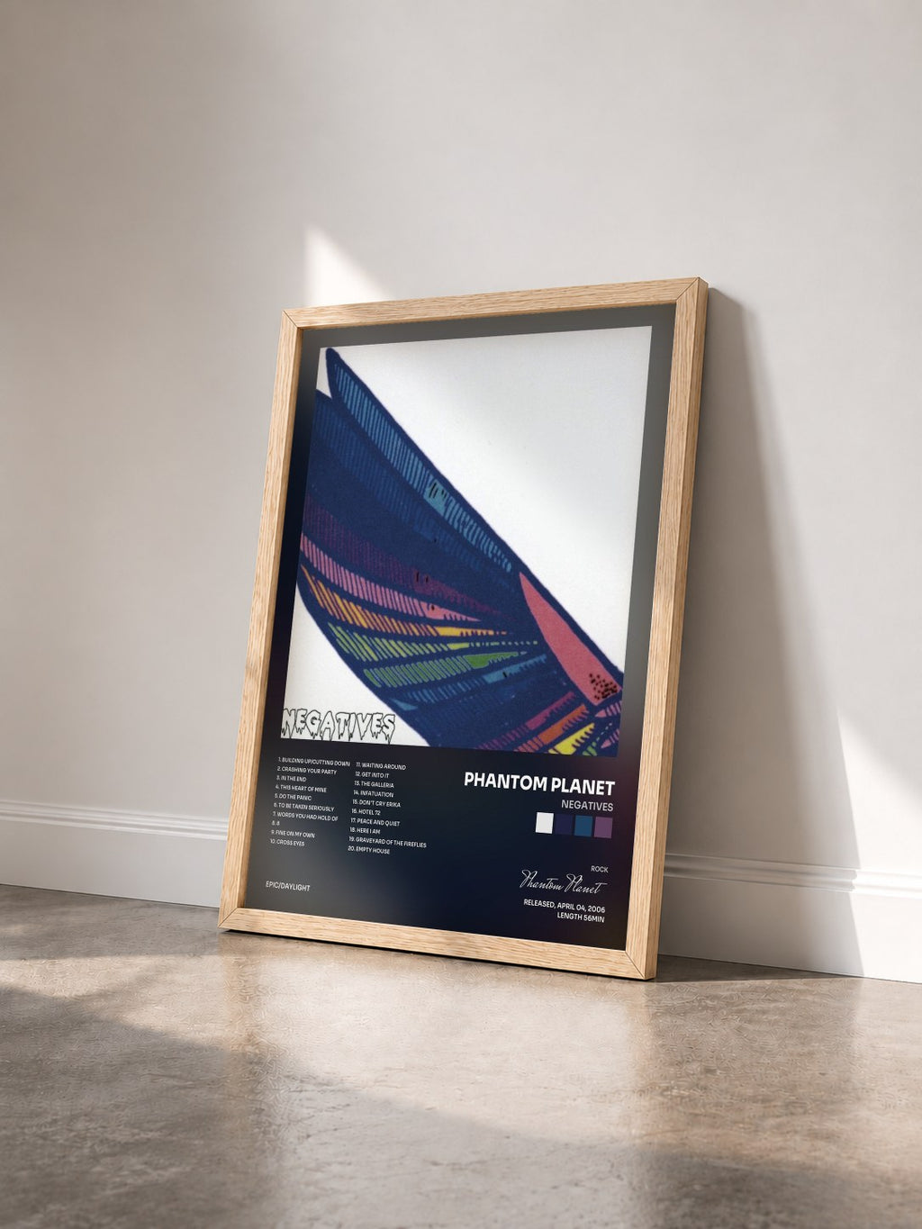 #bois Tableau de l'album Negatives de Phantom Planet vu de trois quarts, cadre en bois brut