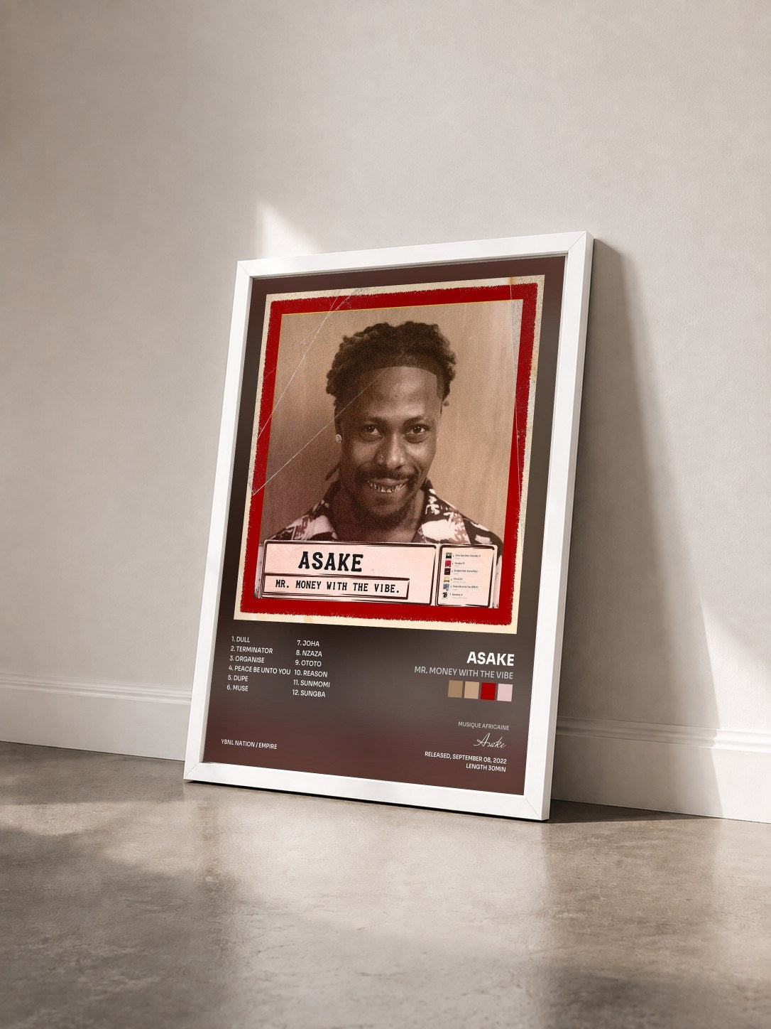#blanc Tableau de l'album Mr. Money With The Vibe de Asake vu de trois quarts, cadre blanc