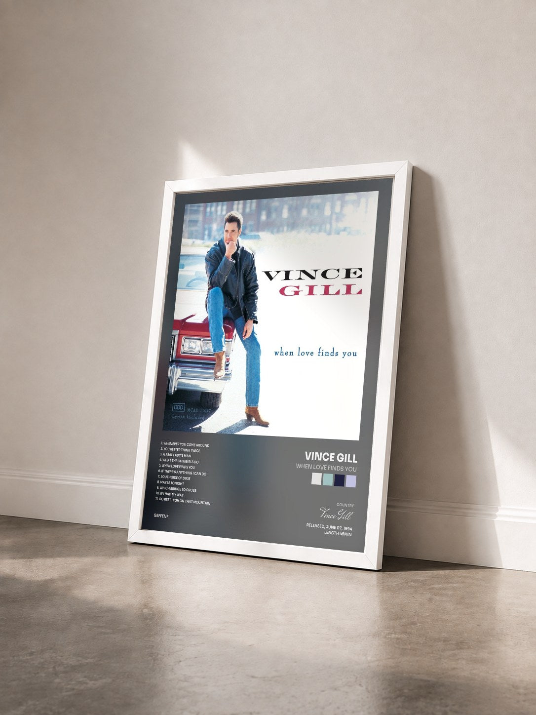 #blanc Tableau de l'album When Love Finds You de Vince Gill vu de trois quarts, cadre blanc