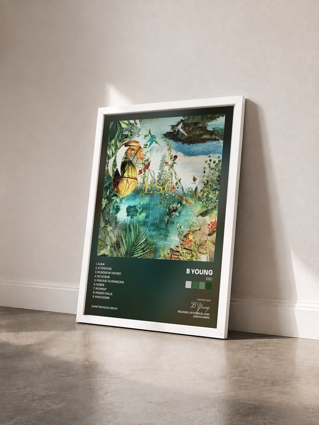 #blanc Tableau de l'album ESC de B Young vu de trois quarts, cadre blanc