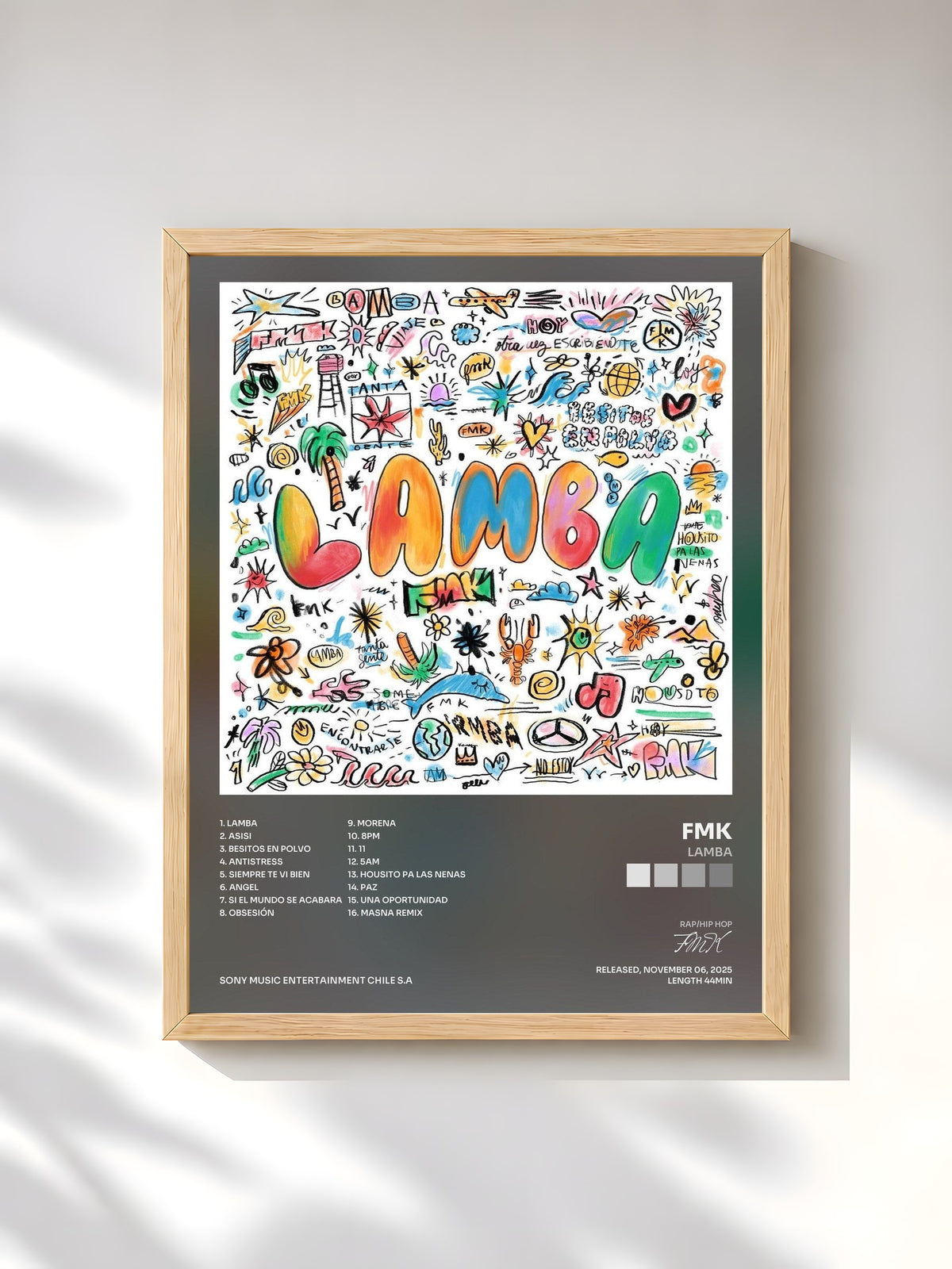 #bois Tableau de l'album LAMBA de FMK, cadre en bois brut, imprimé et encadré en France