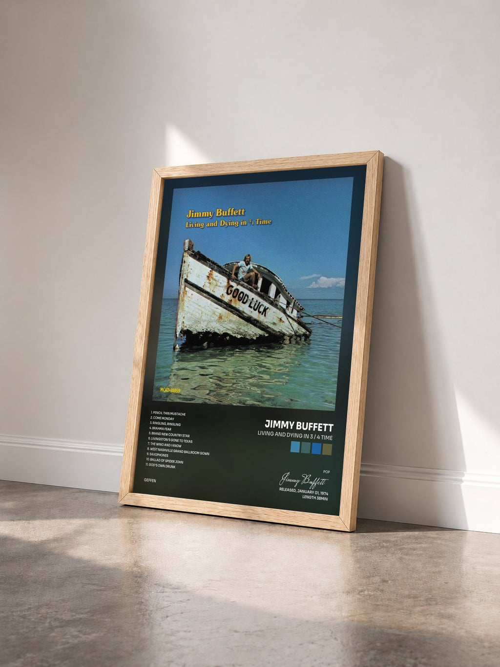 #bois Tableau de l'album Living And Dying In 3 / 4 Time de Jimmy Buffett vu de trois quarts, cadre en bois brut