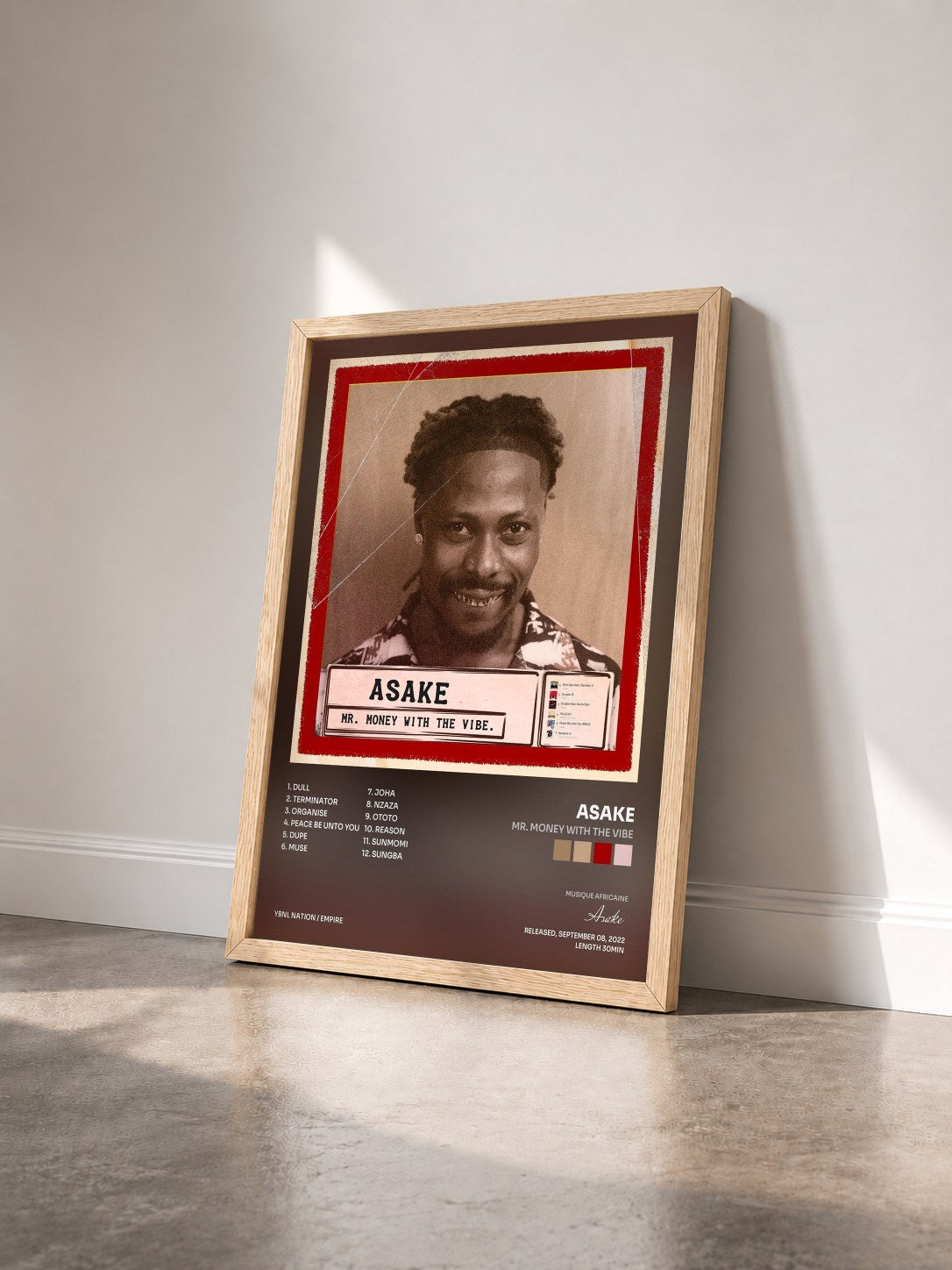 #bois Tableau de l'album Mr. Money With The Vibe de Asake vu de trois quarts, cadre en bois brut