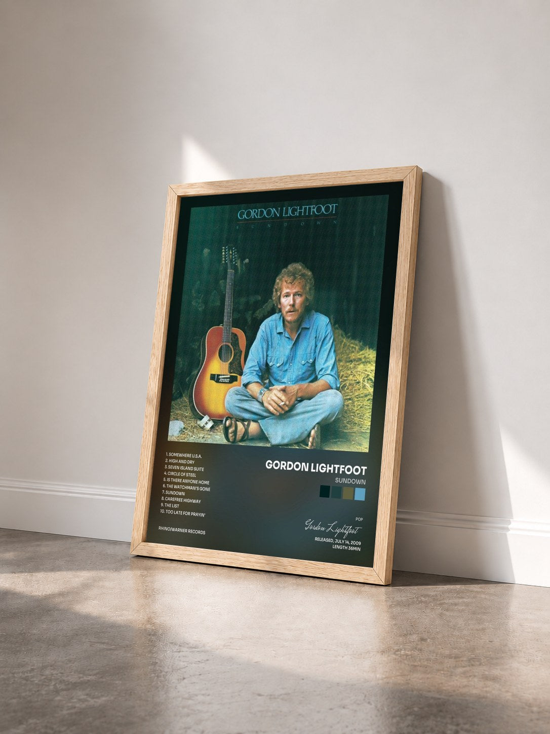 #bois Tableau de l'album Sundown de Gordon Lightfoot vu de trois quarts, cadre en bois brut