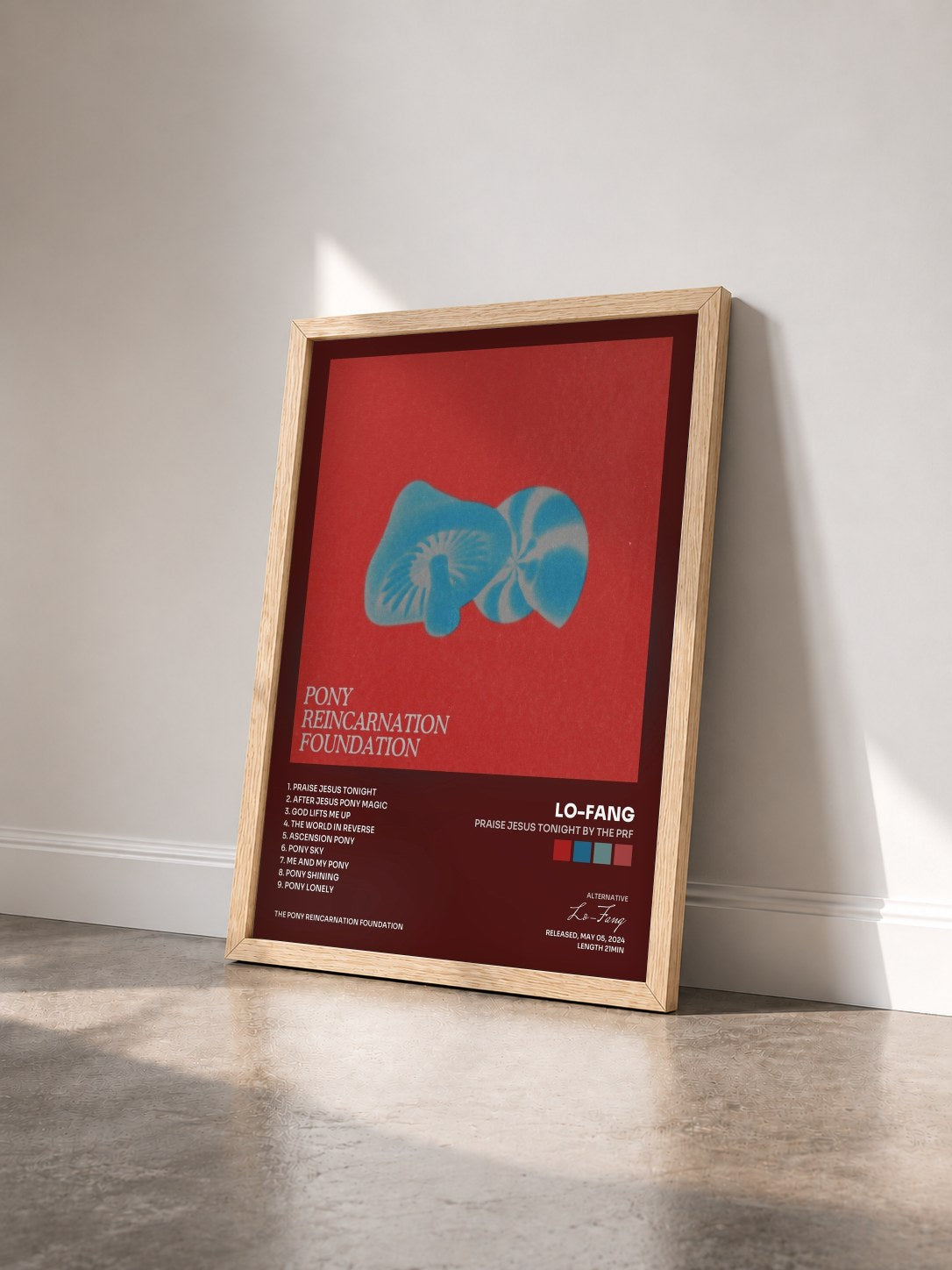 #bois Tableau de l'album Praise Jesus Tonight by The PRF de Lo-Fang vu de trois quarts, cadre en bois brut
