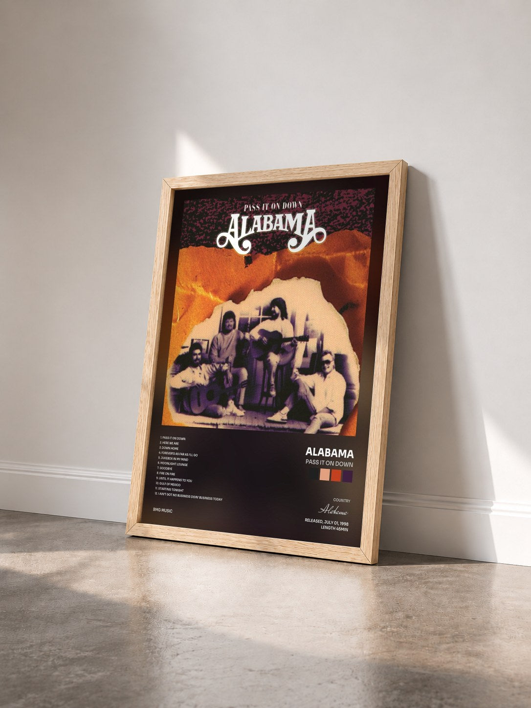 #bois Tableau de l'album Pass It On Down de Alabama vu de trois quarts, cadre en bois brut