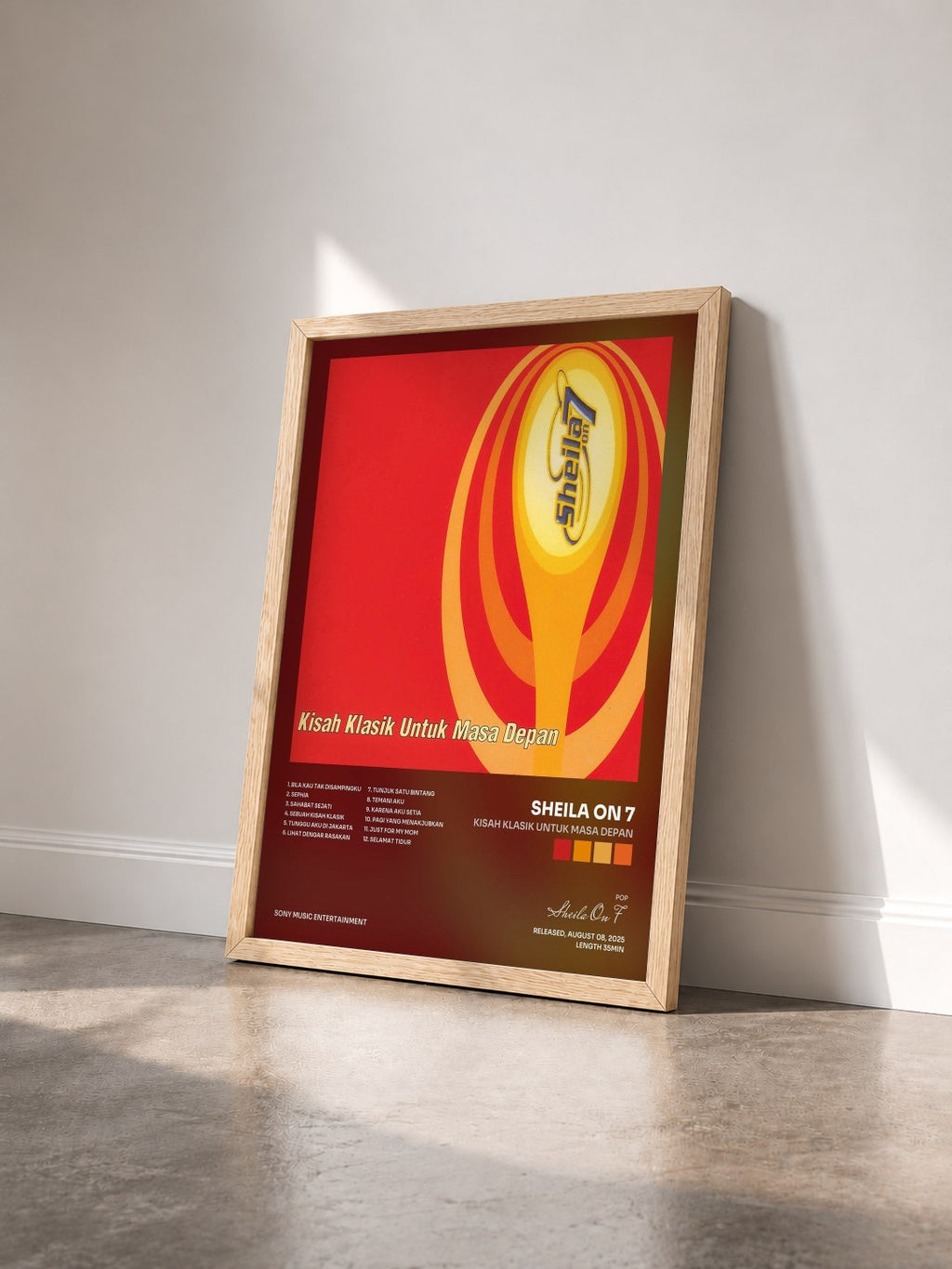 #bois Tableau de l'album Kisah Klasik Untuk Masa Depan de Sheila On 7 vu de trois quarts, cadre en bois brut