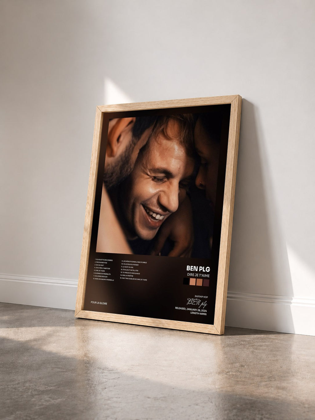 #bois Tableau de l'album Dire je t'aime de BEN plg vu de trois quarts, cadre en bois brut