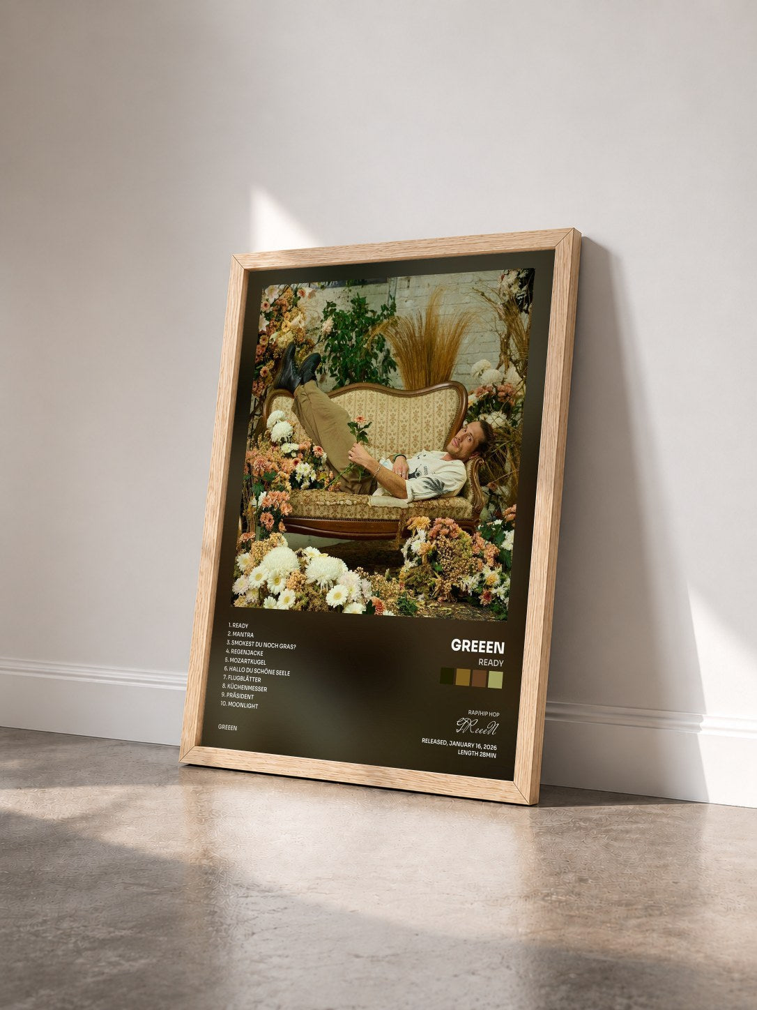 #bois Tableau de l'album Ready de GReeeN vu de trois quarts, cadre en bois brut