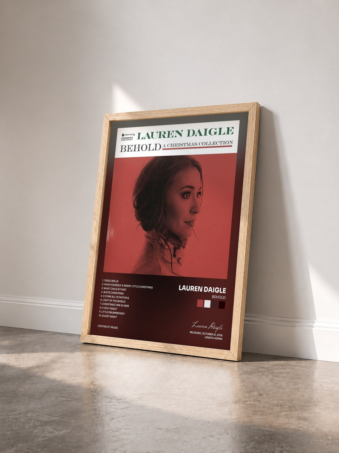 #bois Tableau de l'album Behold de Lauren Daigle vu de trois quarts, cadre en bois brut
