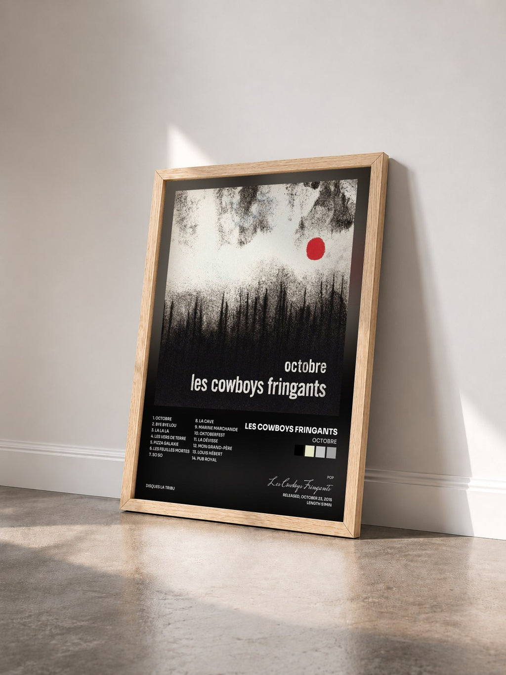 #bois Tableau de l'album Octobre de Les Cowboys Fringants vu de trois quarts, cadre en bois brut