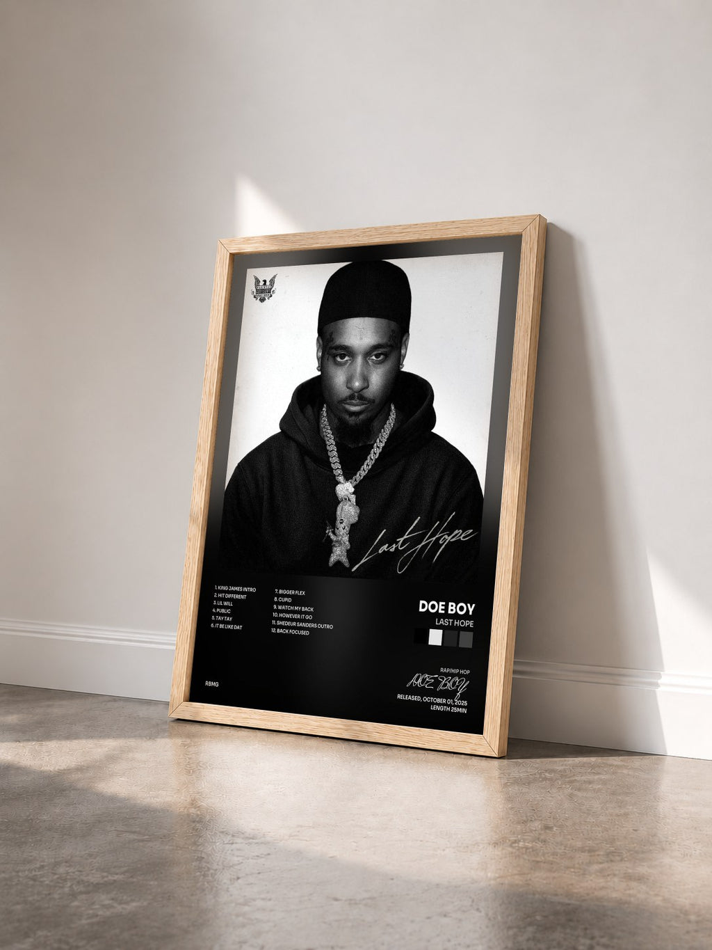 #bois Tableau de l'album LAST HOPE de DOE BOY vu de trois quarts, cadre en bois brut