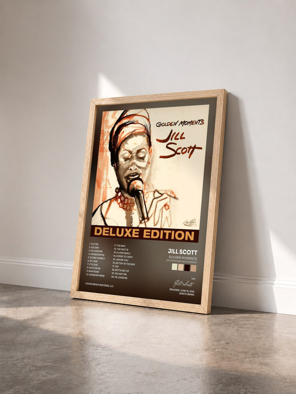 #bois Tableau de l'album Golden Moments (2015 Remastered Deluxe Version) de Jill Scott vu de trois quarts, cadre en bois brut