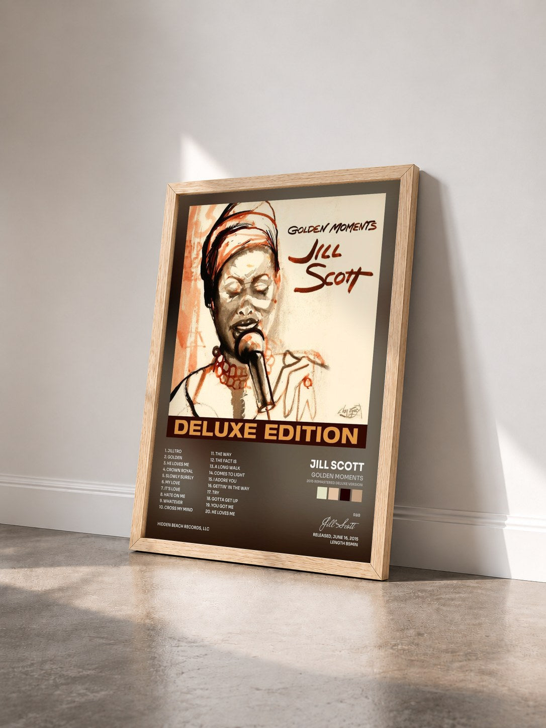 #bois Tableau de l'album Golden Moments (2015 Remastered Deluxe Version) de Jill Scott vu de trois quarts, cadre en bois brut
