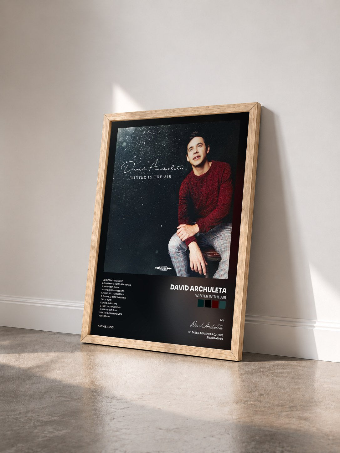 #bois Tableau de l'album Winter in the Air de David Archuleta vu de trois quarts, cadre en bois brut