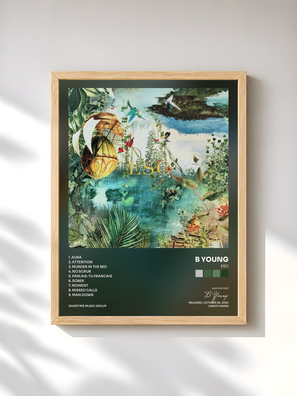 #bois Tableau de l'album ESC de B Young, cadre en bois brut, imprimé et encadré en France