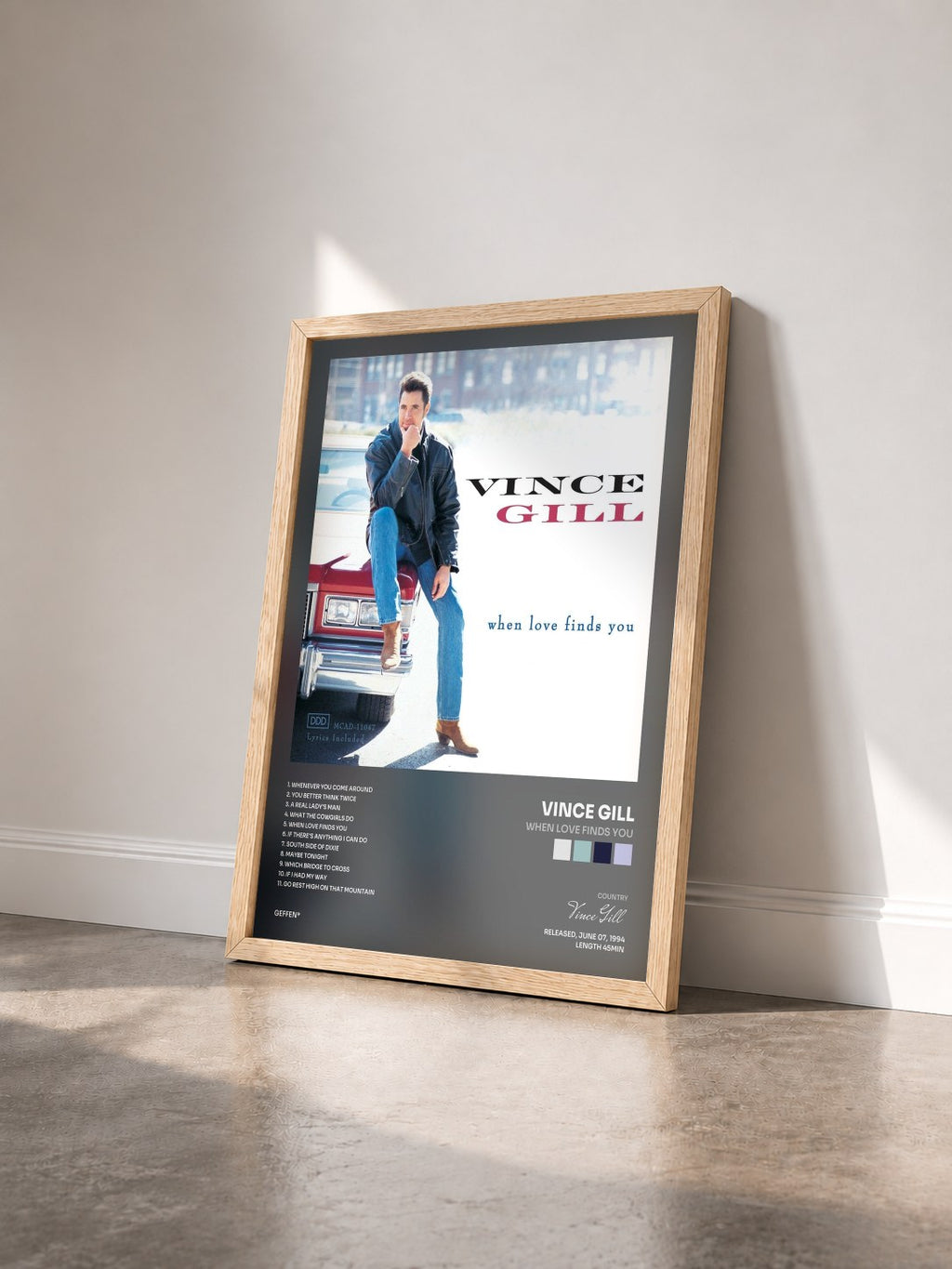 #bois Tableau de l'album When Love Finds You de Vince Gill vu de trois quarts, cadre en bois brut