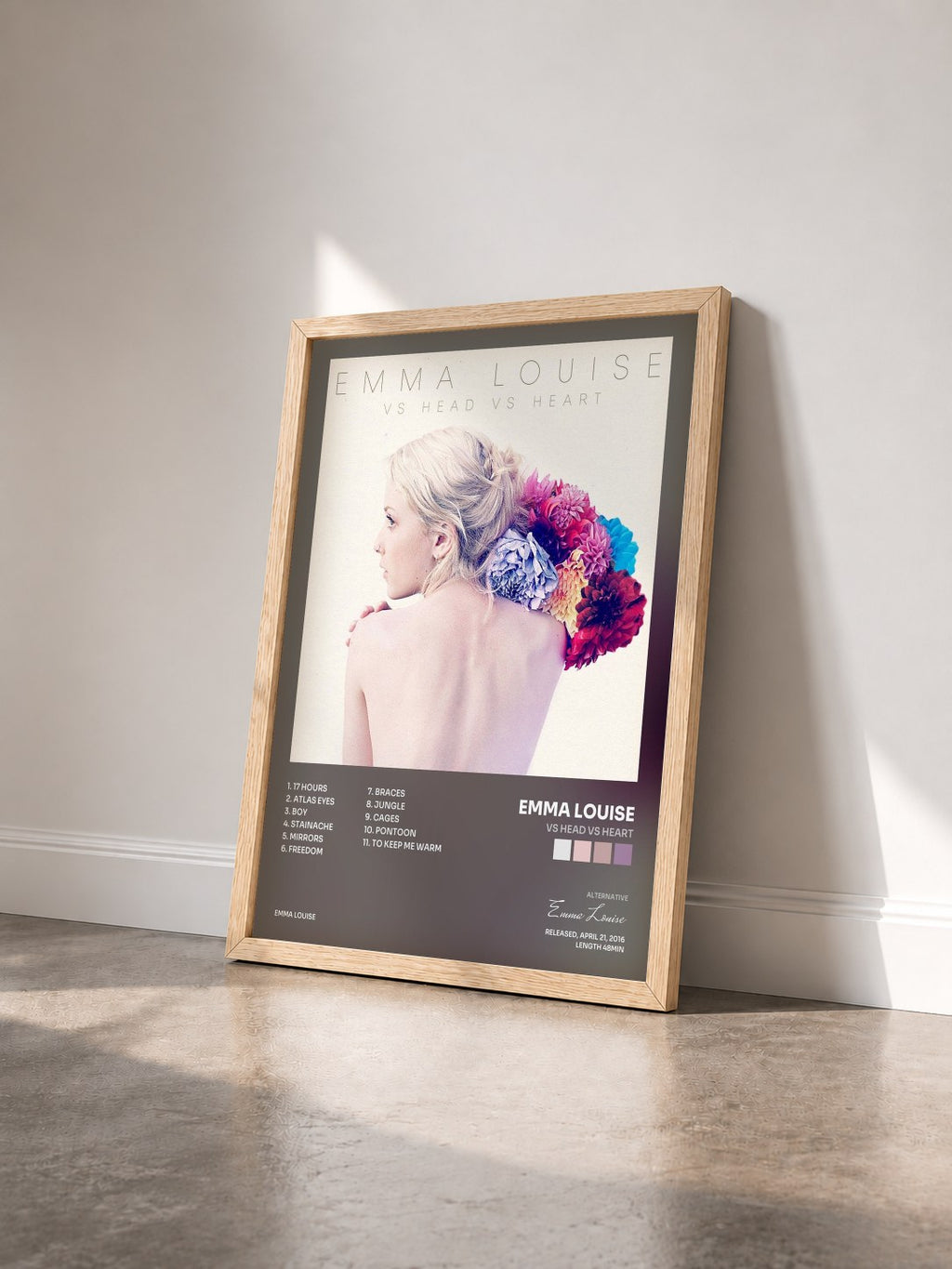 #bois Tableau de l'album Vs Head Vs Heart de Emma Louise vu de trois quarts, cadre en bois brut