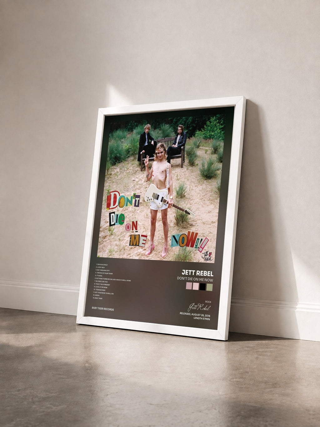 #blanc Tableau de l'album Don't Die On Me Now de Jett Rebel vu de trois quarts, cadre blanc
