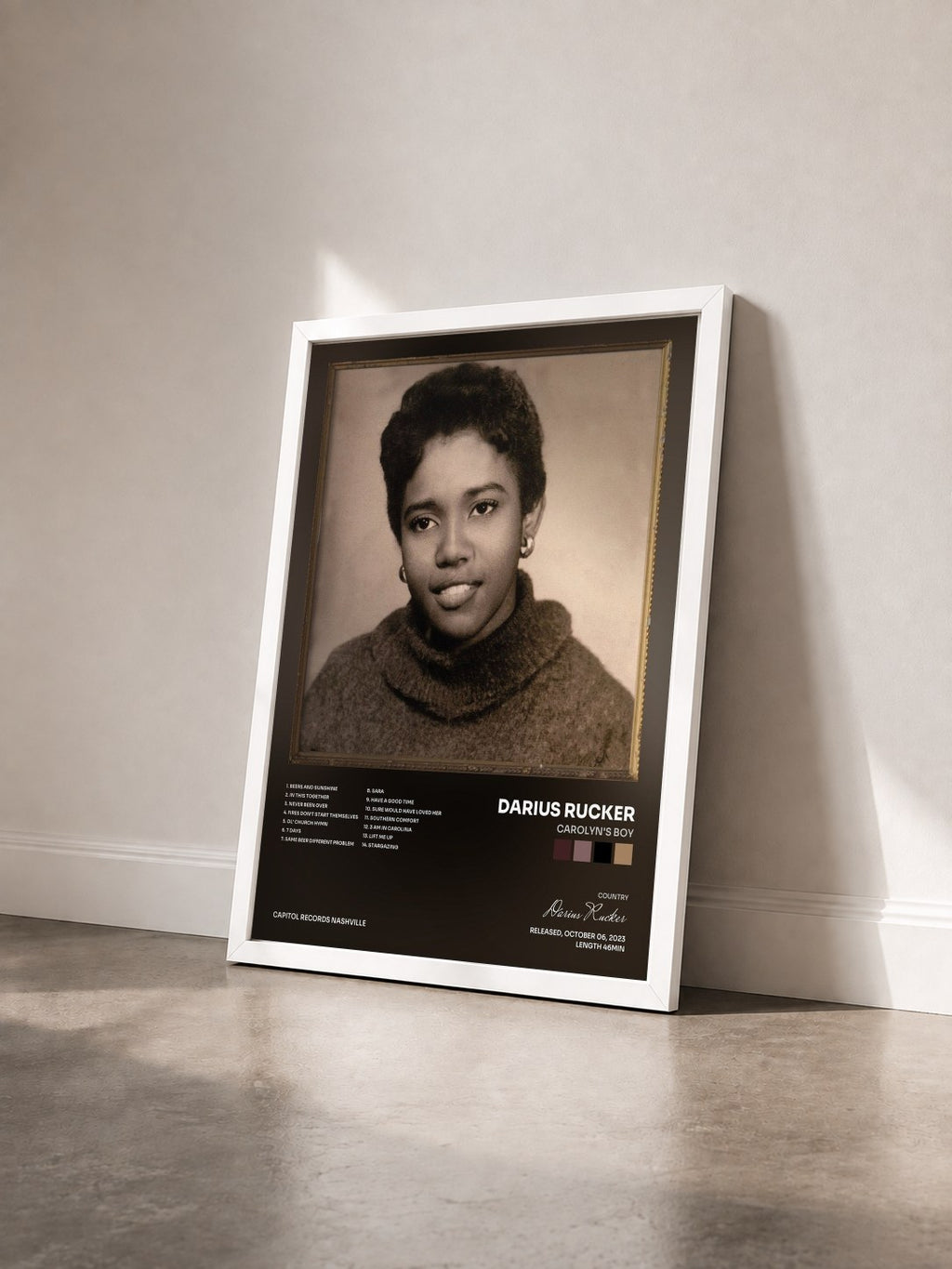 #blanc Tableau de l'album Carolyn's Boy de Darius Rucker vu de trois quarts, cadre blanc