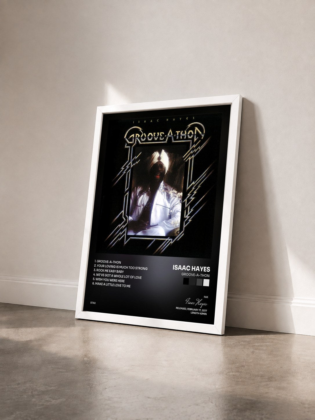 #blanc Tableau de l'album Groove-A-Thon de Isaac Hayes vu de trois quarts, cadre blanc