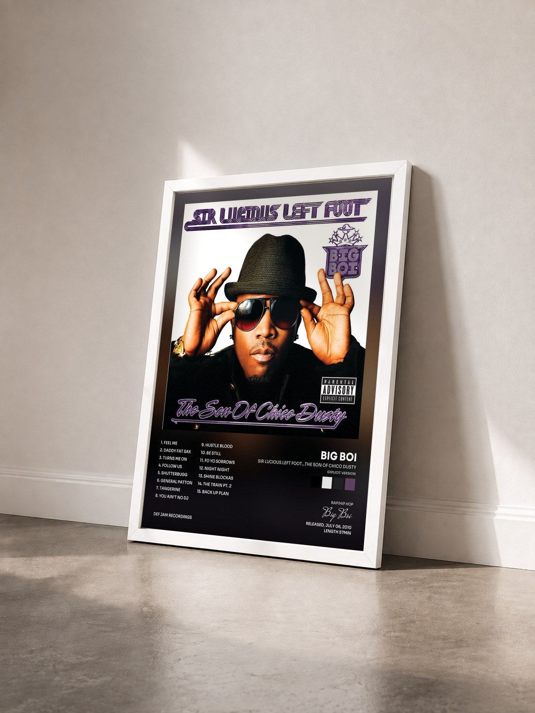 #blanc Tableau de l'album Sir Lucious Left Foot...The Son Of Chico Dusty (Explicit Version) de Big Boi vu de trois quarts, cadre blanc