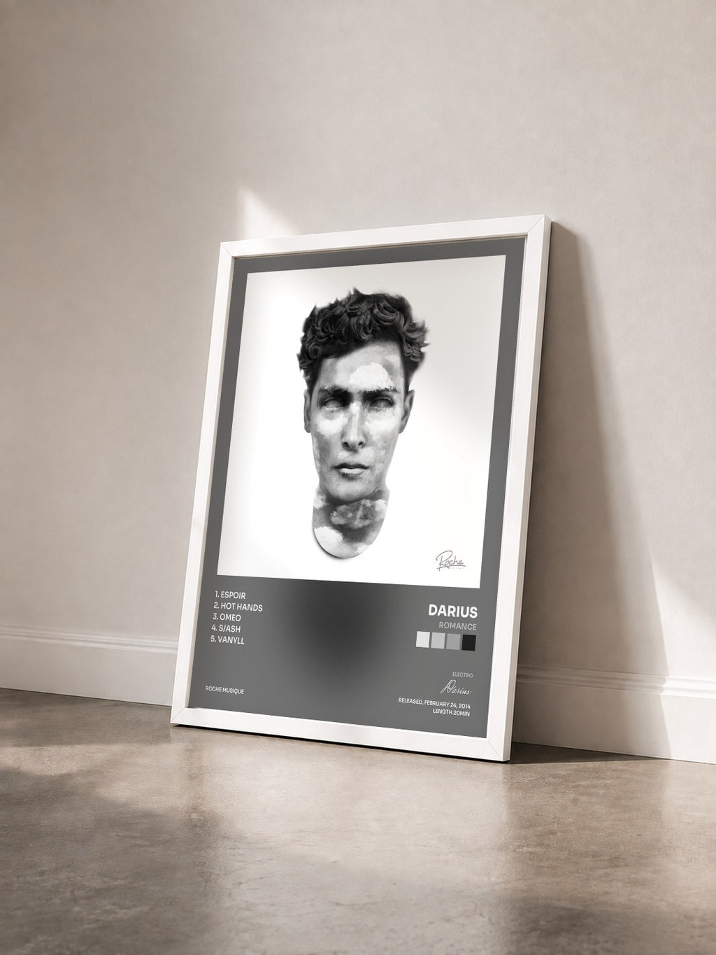 #blanc Tableau de l'album Romance de Darius vu de trois quarts, cadre blanc