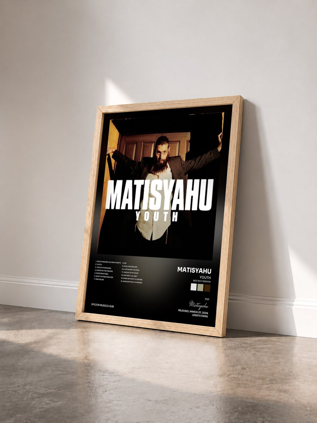 #bois Tableau de l'album Youth (Best Buy Version) de Matisyahu vu de trois quarts, cadre en bois brut