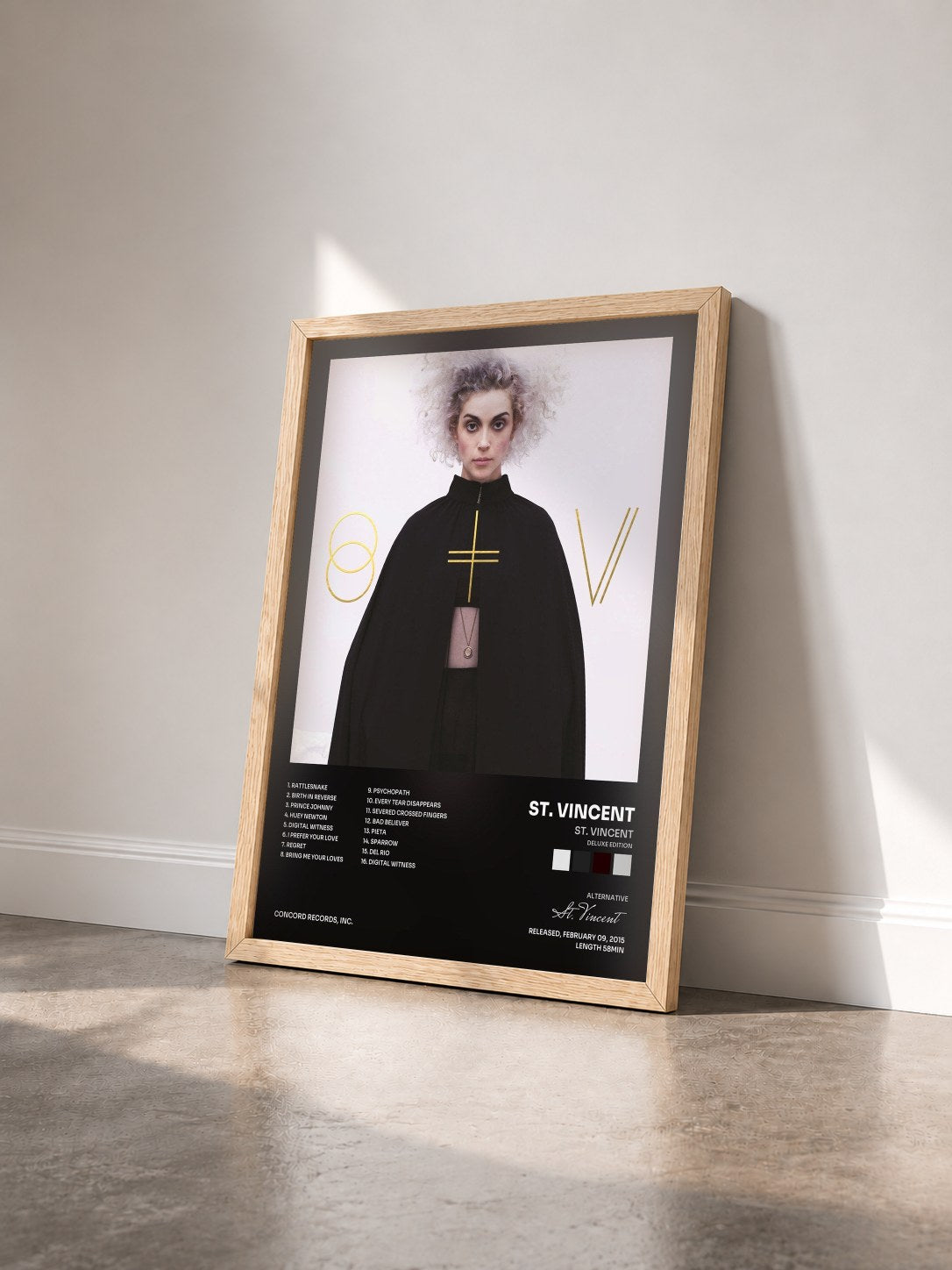 #bois Tableau de l'album St. Vincent (Deluxe Edition) de St. Vincent vu de trois quarts, cadre en bois brut