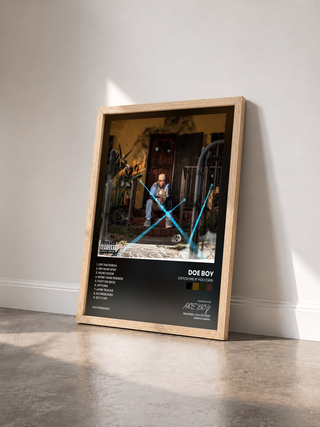 #bois Tableau de l'album CATCH ME IF YOU CAN de DOE BOY vu de trois quarts, cadre en bois brut