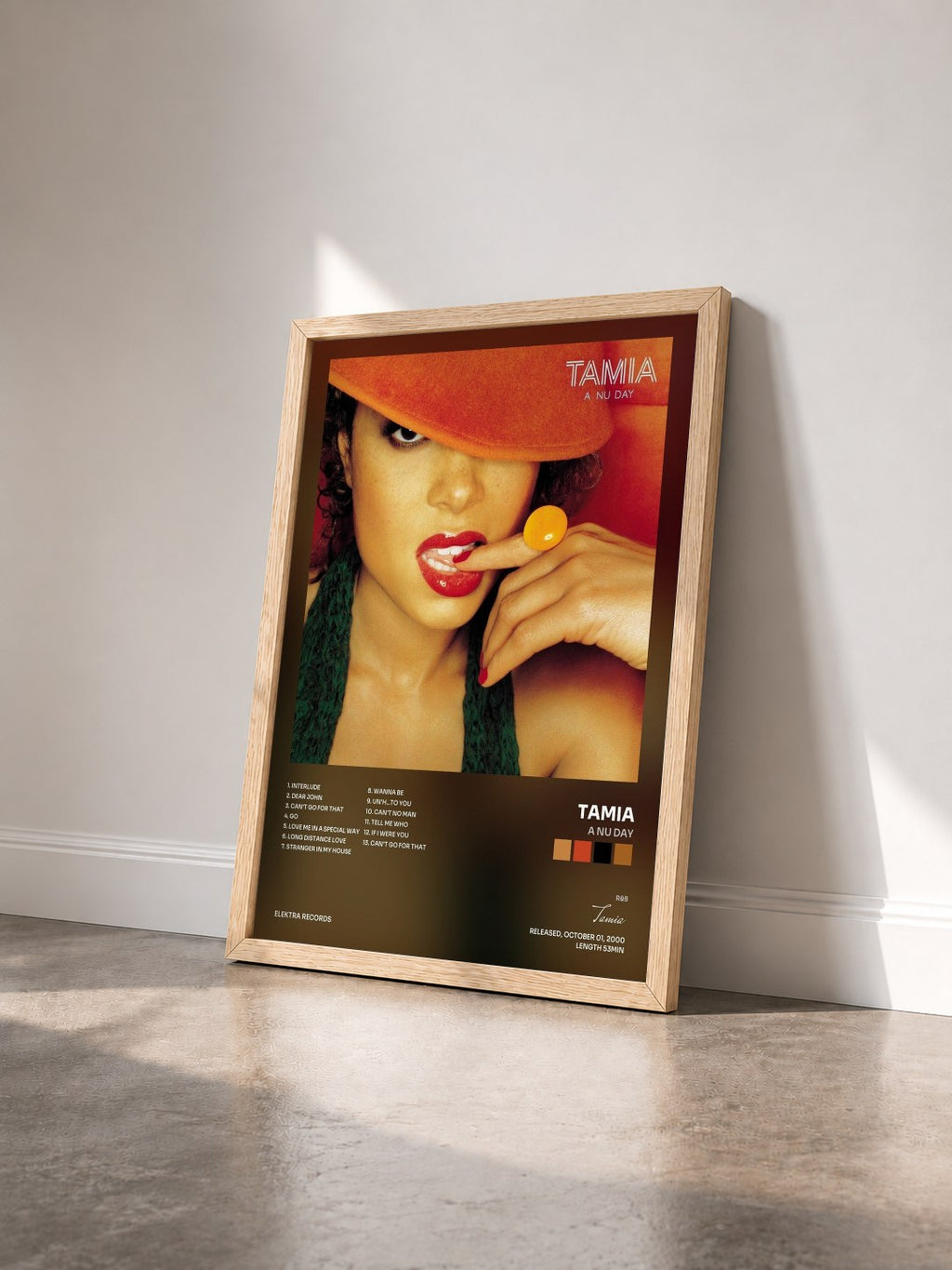 #bois Tableau de l'album A Nu Day de Tamia vu de trois quarts, cadre en bois brut