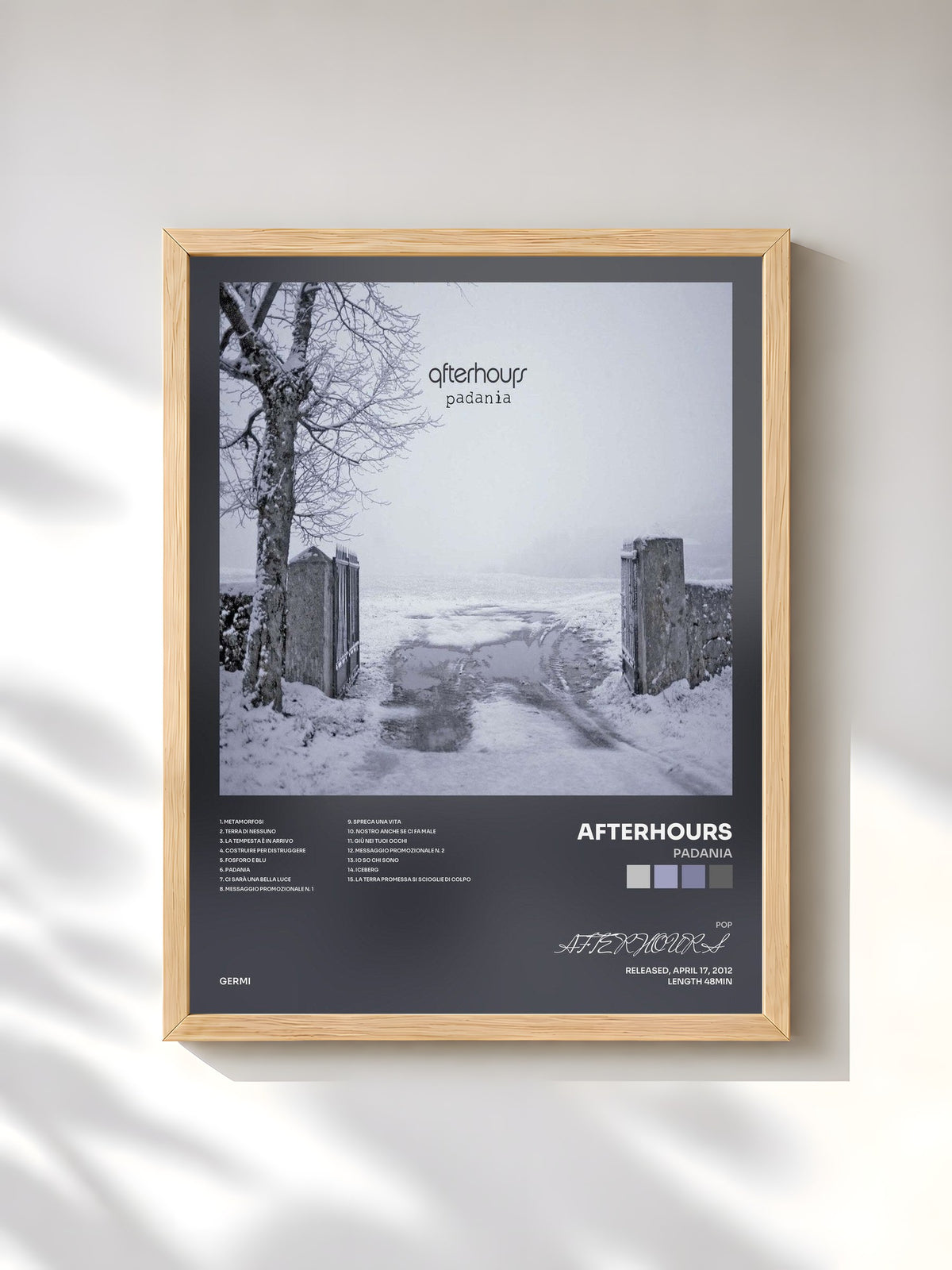 #bois Tableau de l'album Padania de AFTERHOURS, cadre en bois brut, imprimé et encadré en France