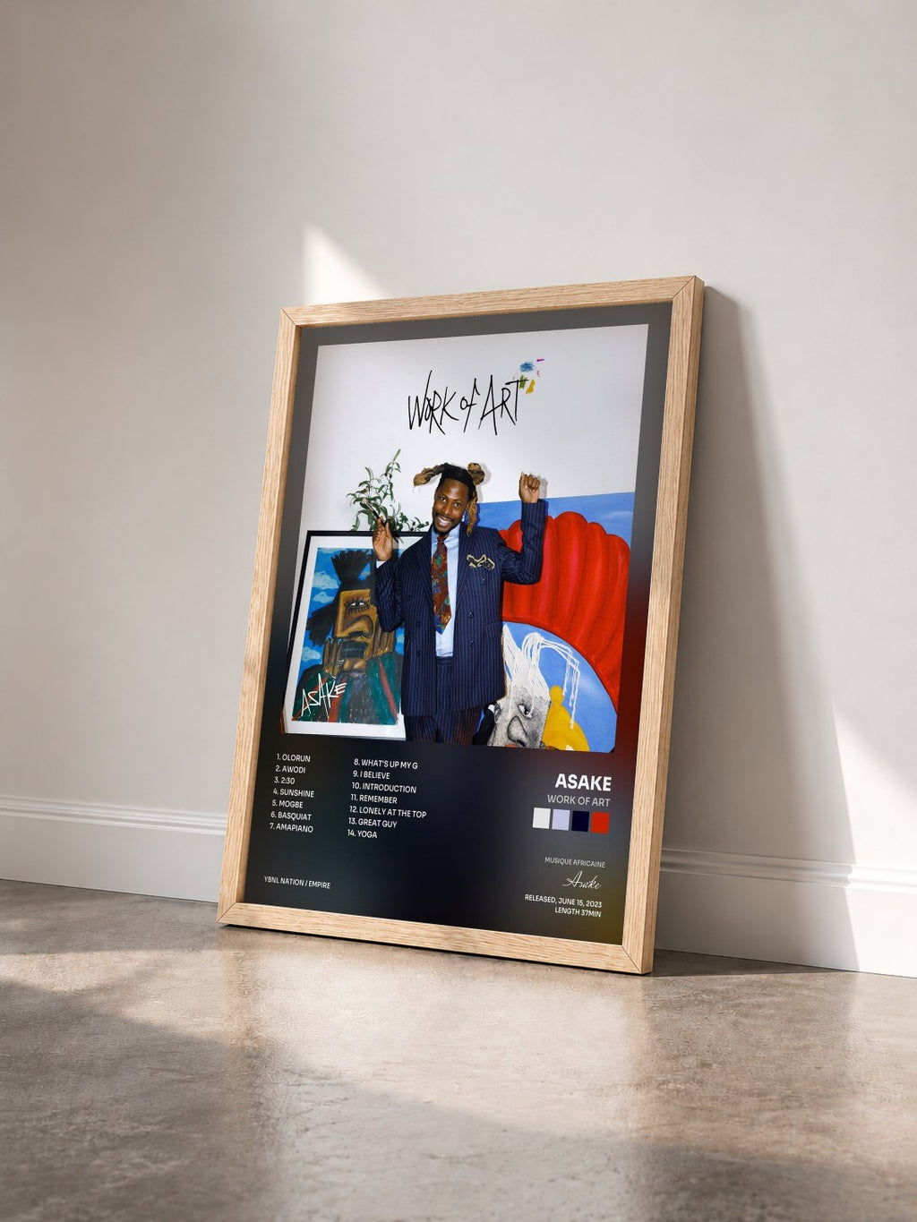 #bois Tableau de l'album Work Of Art de Asake vu de trois quarts, cadre en bois brut
