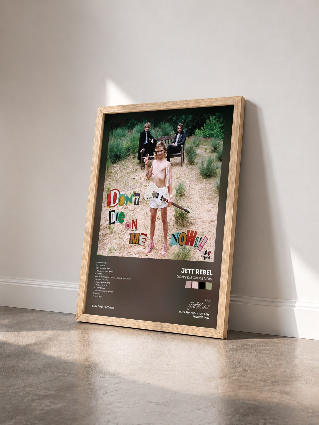 #bois Tableau de l'album Don't Die On Me Now de Jett Rebel vu de trois quarts, cadre en bois brut