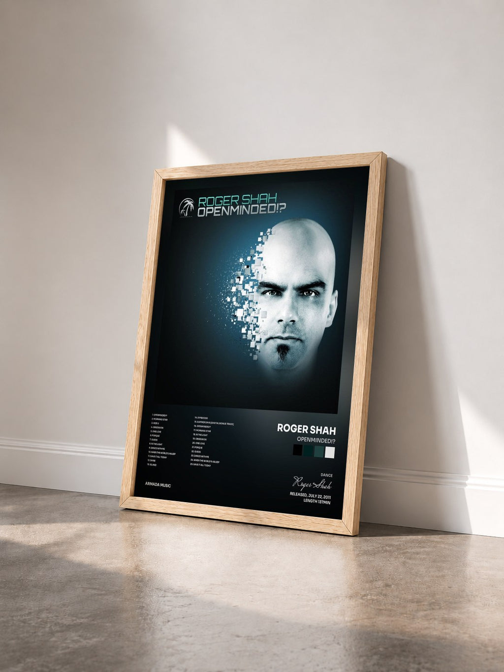 #bois Tableau de l'album Openminded!? de Roger Shah vu de trois quarts, cadre en bois brut