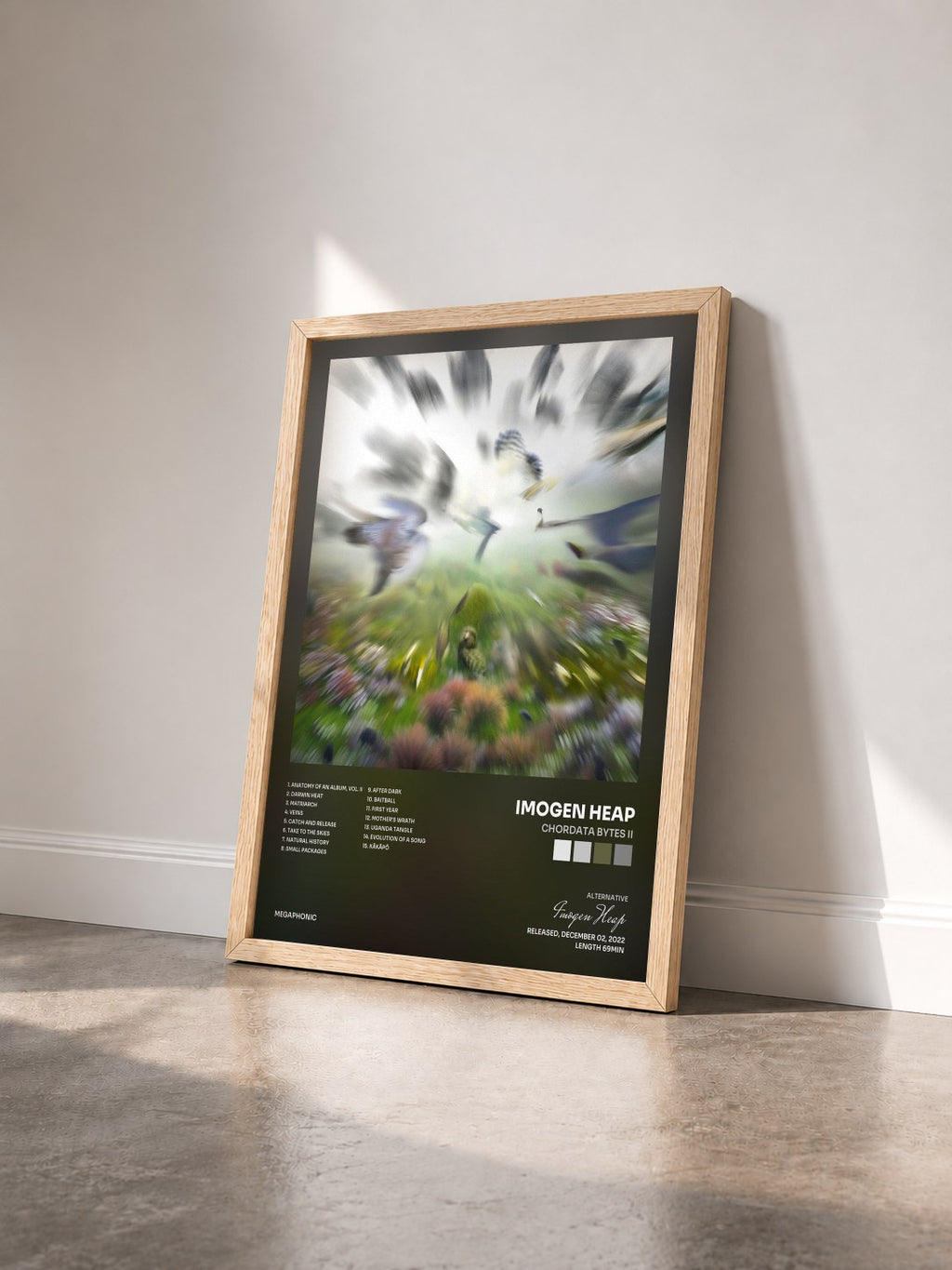 #bois Tableau de l'album Chordata Bytes II de Imogen Heap vu de trois quarts, cadre en bois brut