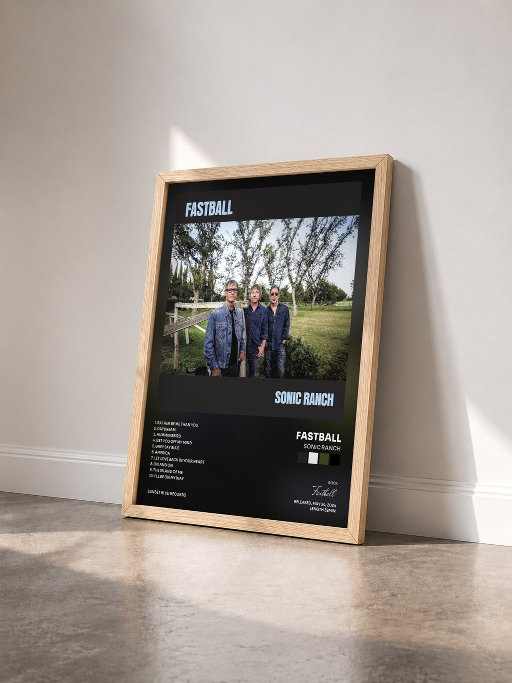 #bois Tableau de l'album Sonic Ranch de Fastball vu de trois quarts, cadre en bois brut
