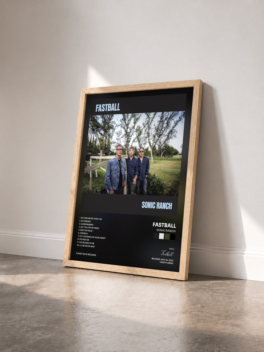 #bois Tableau de l'album Sonic Ranch de Fastball vu de trois quarts, cadre en bois brut