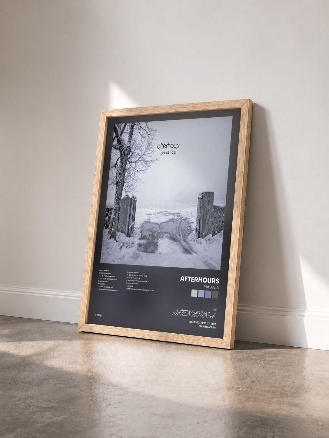 #bois Tableau de l'album Padania de AFTERHOURS vu de trois quarts, cadre en bois brut
