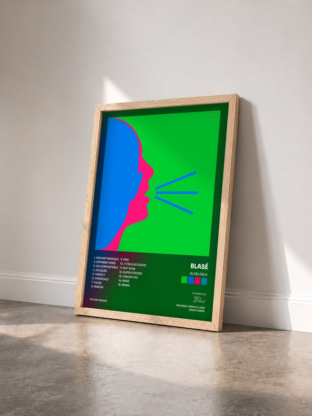 #bois Tableau de l'album BLABLABLA de Blasé vu de trois quarts, cadre en bois brut