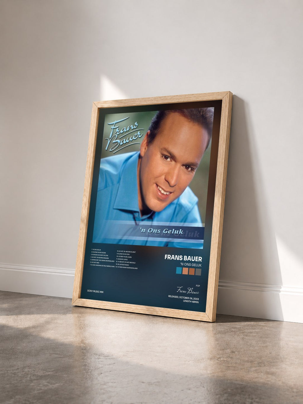 #bois Tableau de l'album 'N Ons Geluk de Frans Bauer vu de trois quarts, cadre en bois brut