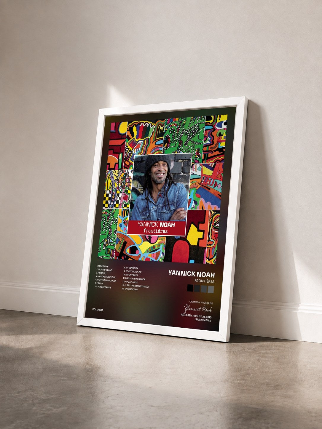 #blanc Tableau de l'album Frontières de Yannick Noah vu de trois quarts, cadre blanc
