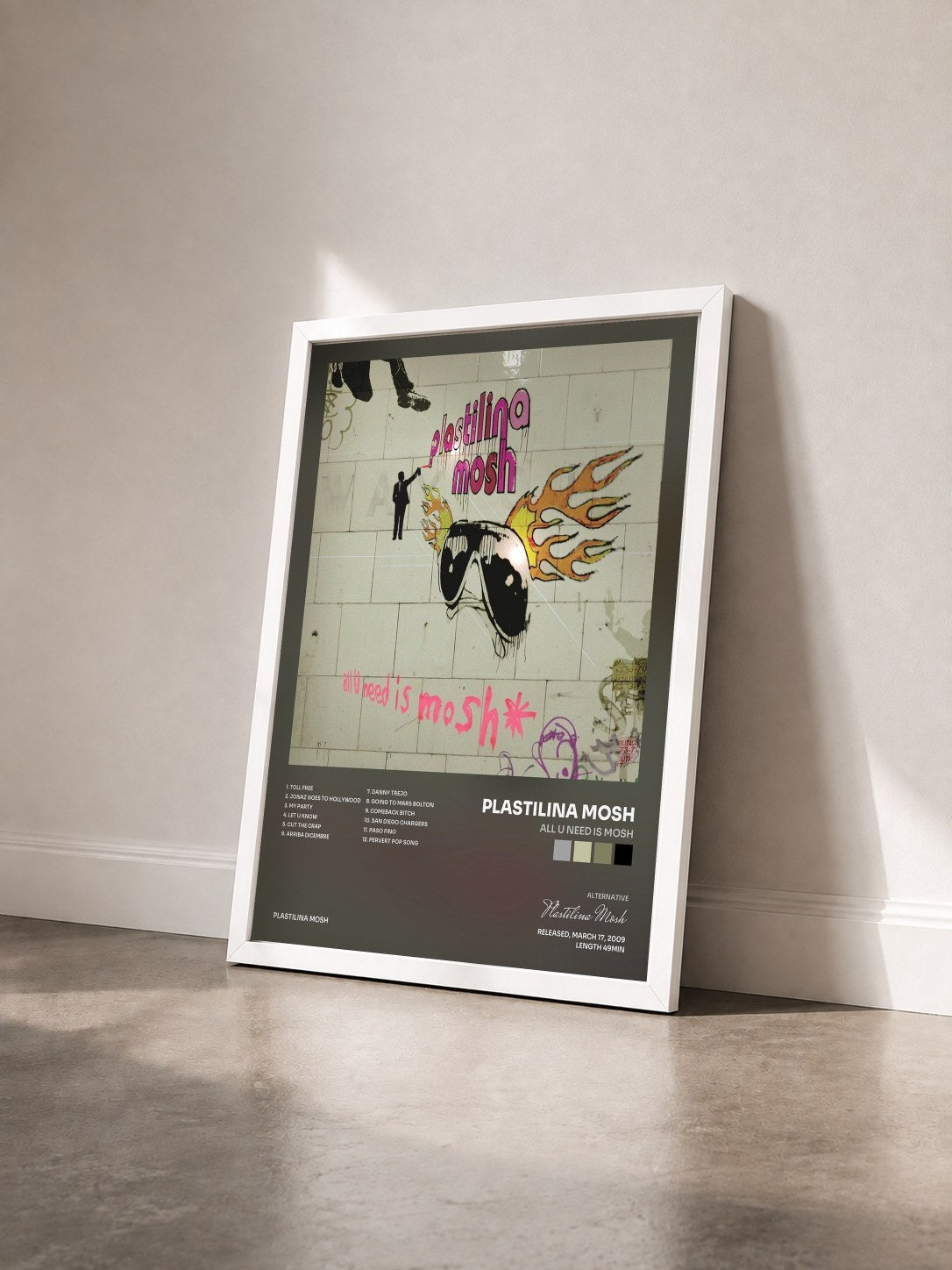 #blanc Tableau de l'album All U Need Is Mosh de Plastilina Mosh vu de trois quarts, cadre blanc