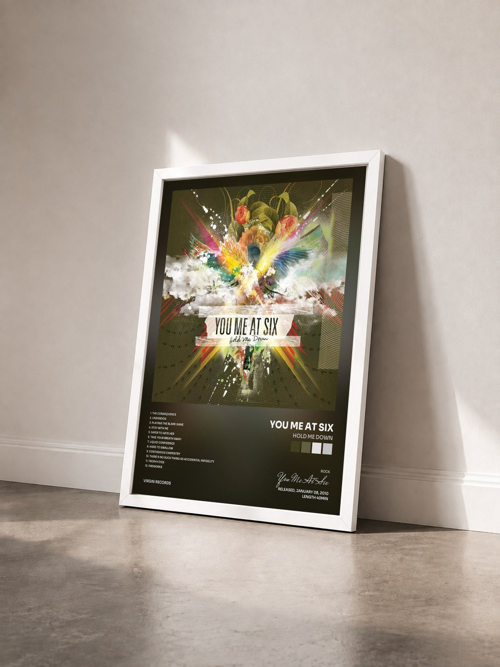 #blanc Tableau de l'album Hold Me Down de You Me At Six vu de trois quarts, cadre blanc