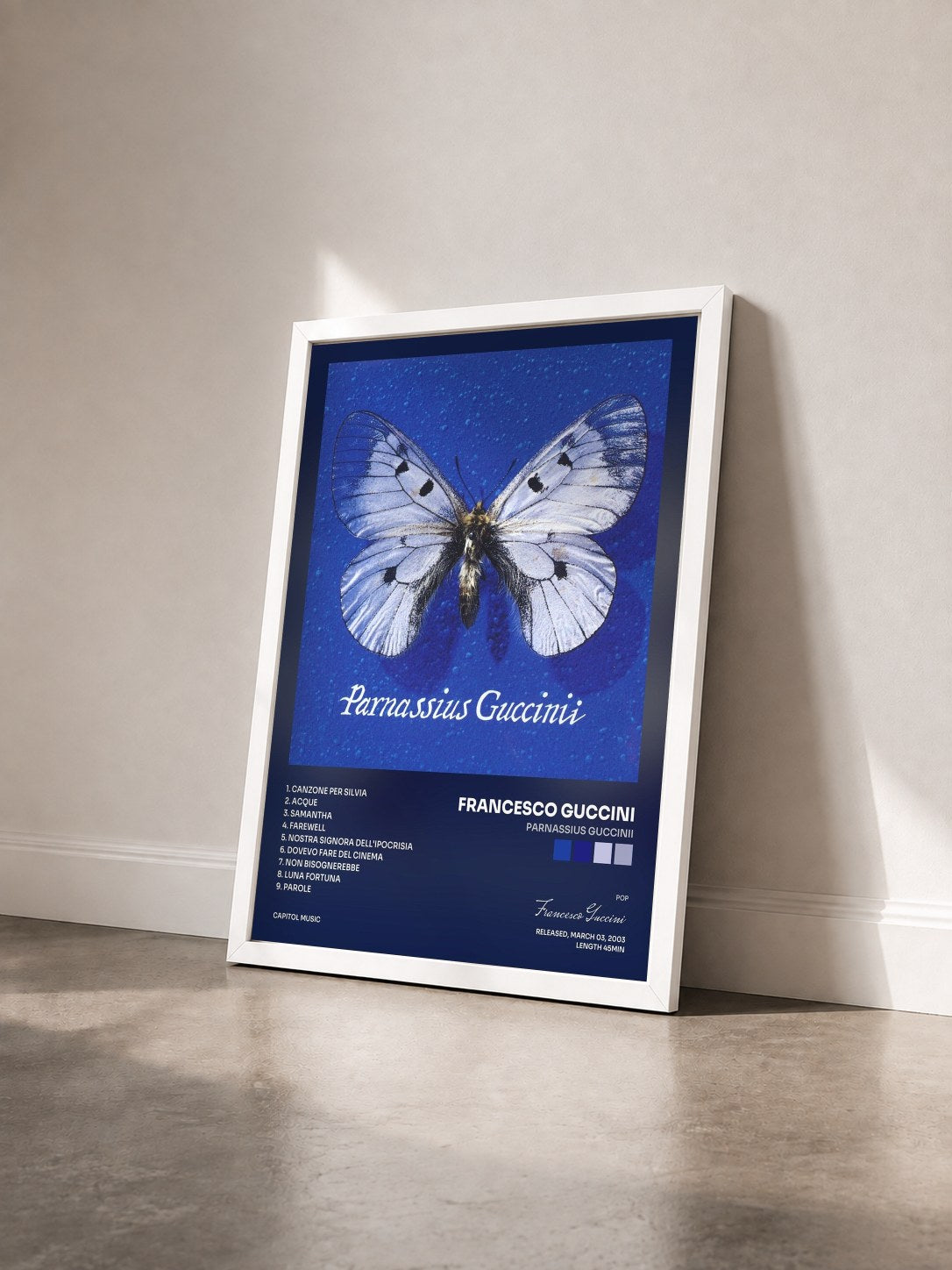 #blanc Tableau de l'album Parnassius Guccinii de Francesco Guccini vu de trois quarts, cadre blanc